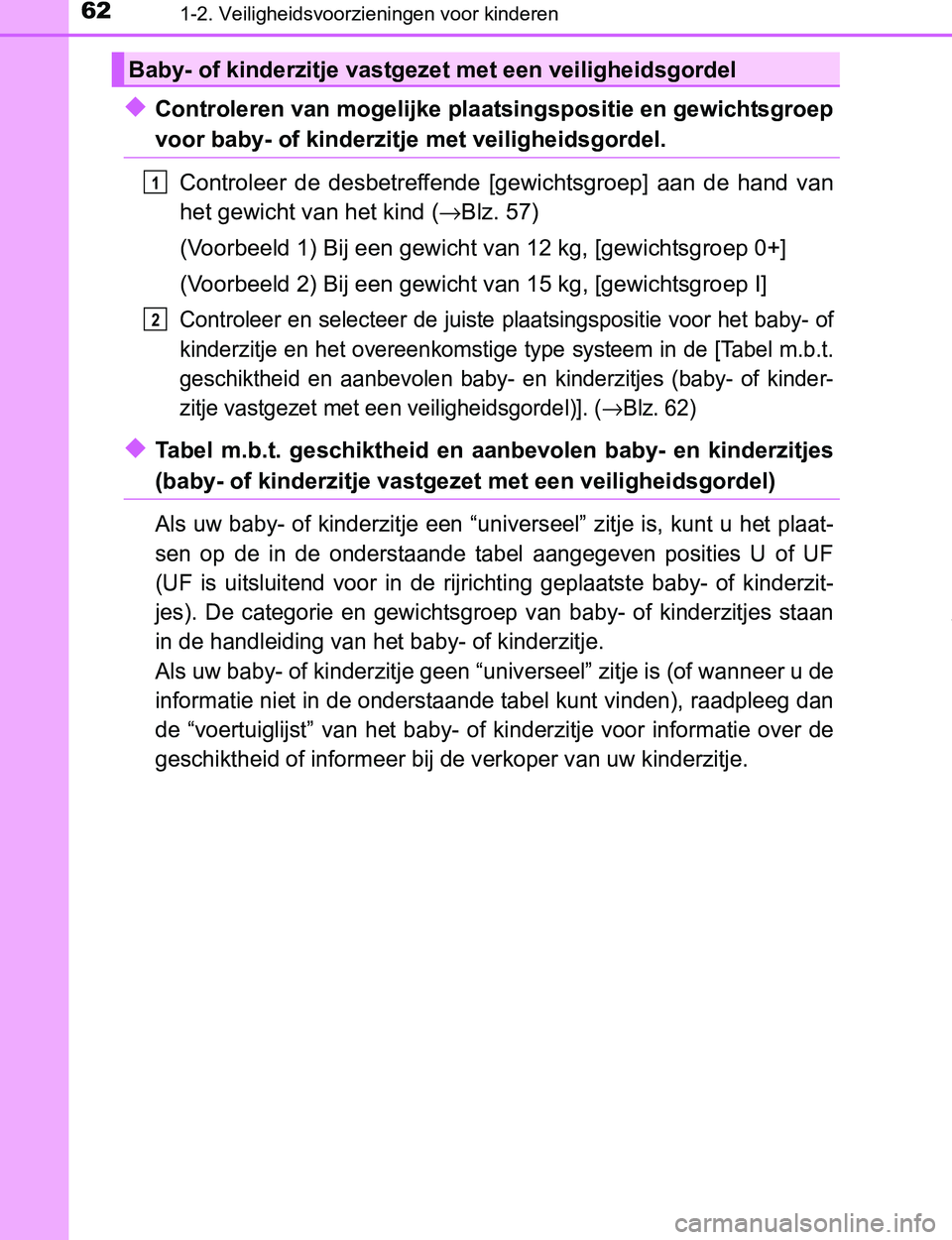 TOYOTA PRIUS PLUG-IN HYBRID 2016 Instructieboekje (in Dutch) 621-2. Veiligheidsvoorzieningen voor kinderen
PRIUS PHV_OM_OM47A89E_(EE)
◆Controleren van mogelijke plaatsingspositie en gewichtsgroep
voor baby- of kinderzitje met veiligheidsgordel.
Controleer de TOYOTA PRIUS PLUG-IN HYBRID 2016 Instructieboekje (in Dutch) 621-2. Veiligheidsvoorzieningen voor kinderen
PRIUS PHV_OM_OM47A89E_(EE)
◆Controleren van mogelijke plaatsingspositie en gewichtsgroep
voor baby- of kinderzitje met veiligheidsgordel.
Controleer de