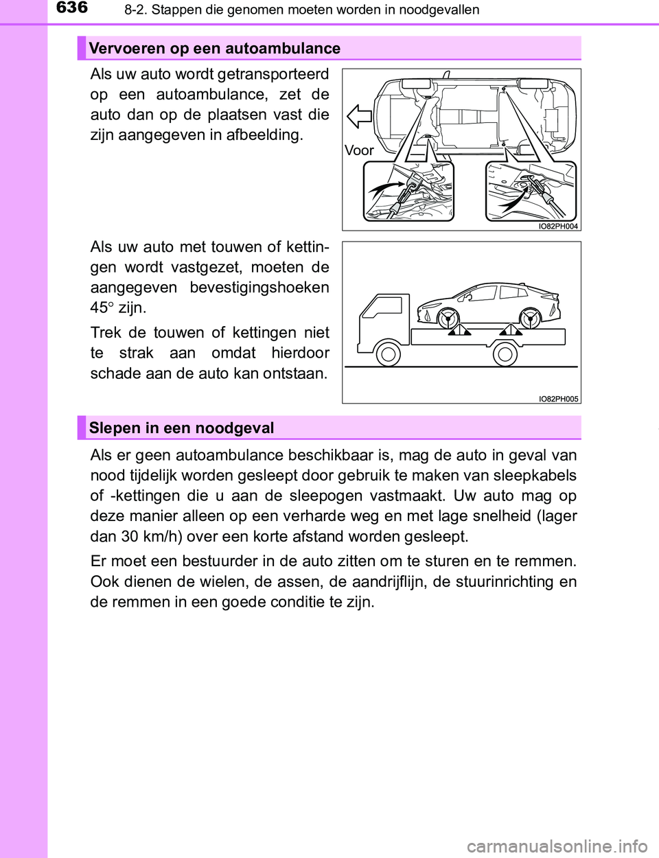 TOYOTA PRIUS PLUG-IN HYBRID 2016 Instructieboekje (in Dutch) 6368-2. Stappen die genomen moeten worden in noodgevallen
PRIUS PHV_OM_OM47A89E_(EE)
Als uw auto wordt getransporteerd
op een autoambulance, zet de
auto dan op de plaatsen vast die
zijn aang TOYOTA PRIUS PLUG-IN HYBRID 2016 Instructieboekje (in Dutch) 6368-2. Stappen die genomen moeten worden in noodgevallen
PRIUS PHV_OM_OM47A89E_(EE)
Als uw auto wordt getransporteerd
op een autoambulance, zet de
auto dan op de plaatsen vast die
zijn aang