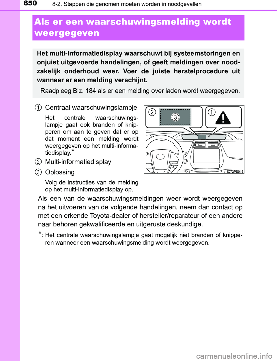 TOYOTA PRIUS PLUG-IN HYBRID 2016 Instructieboekje (in Dutch) 6508-2. Stappen die genomen moeten worden in noodgevallen
PRIUS PHV_OM_OM47A89E_(EE)
Als er een waarschuwingsmelding wordt
weergegeven
Centraal waarschuwingslampje
Het centrale waarschuwings-
lampj TOYOTA PRIUS PLUG-IN HYBRID 2016 Instructieboekje (in Dutch) 6508-2. Stappen die genomen moeten worden in noodgevallen
PRIUS PHV_OM_OM47A89E_(EE)
Als er een waarschuwingsmelding wordt
weergegeven
Centraal waarschuwingslampje
Het centrale waarschuwings-
lampj