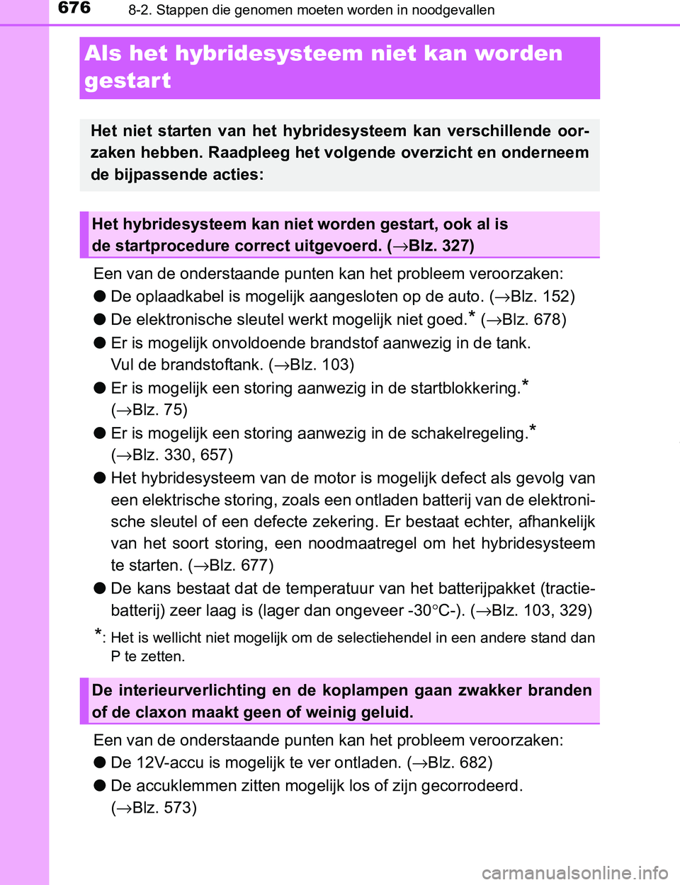 TOYOTA PRIUS PLUG-IN HYBRID 2016 Instructieboekje (in Dutch) 6768-2. Stappen die genomen moeten worden in noodgevallen
PRIUS PHV_OM_OM47A89E_(EE)
Als het hybridesysteem niet kan worden
gestar t
Een van de onderstaande punten kan het probleem veroorzaken:
●De TOYOTA PRIUS PLUG-IN HYBRID 2016 Instructieboekje (in Dutch) 6768-2. Stappen die genomen moeten worden in noodgevallen
PRIUS PHV_OM_OM47A89E_(EE)
Als het hybridesysteem niet kan worden
gestar t
Een van de onderstaande punten kan het probleem veroorzaken:
●De