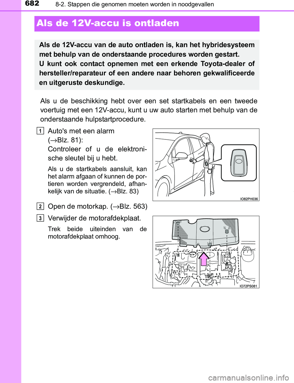 TOYOTA PRIUS PLUG-IN HYBRID 2016  Instructieboekje (in Dutch) 6828-2. Stappen die genomen moeten worden in noodgevallen
PRIUS PHV_OM_OM47A89E_(EE)
Als de 12V-accu is ontladen
Als  u  de  beschikking  hebt  over  een  set  startkabels  en  een  tweede
voertuig me