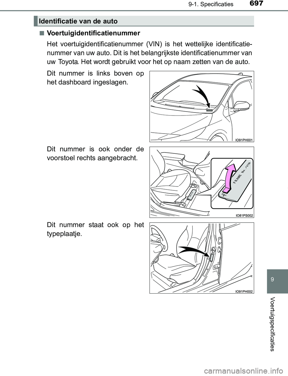 TOYOTA PRIUS PLUG-IN HYBRID 2016  Instructieboekje (in Dutch) 6979-1. Specificaties
PRIUS PHV_OM_OM47A89E_(EE)
9
Voertuigspecificaties
■Voertuigidentificatienummer
Het  voertuigidentificatienummer (VIN)  is  het  wettelijke  identificatie-
nummer van uw auto. 