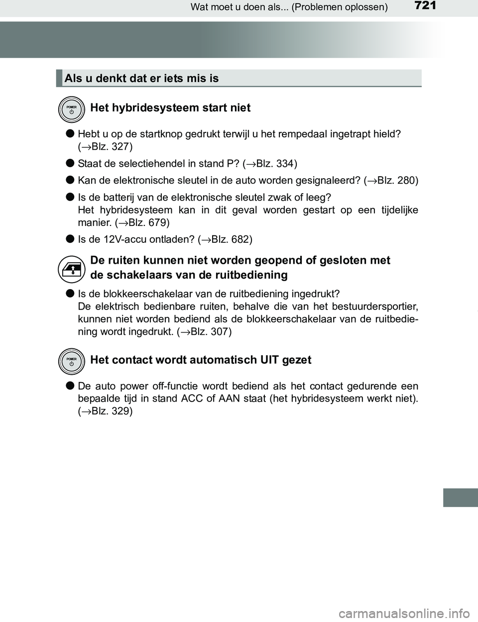 TOYOTA PRIUS PLUG-IN HYBRID 2016 Instructieboekje (in Dutch) 721Wat moet u doen als... (Problemen oplossen)
PRIUS PHV_OM_OM47A89E_(EE)
●Hebt u op de startknop gedrukt terwijl u het rempedaal ingetrapt hield?
(→Blz. 327)
●Staat de selectiehendel in stand TOYOTA PRIUS PLUG-IN HYBRID 2016 Instructieboekje (in Dutch) 721Wat moet u doen als... (Problemen oplossen)
PRIUS PHV_OM_OM47A89E_(EE)
●Hebt u op de startknop gedrukt terwijl u het rempedaal ingetrapt hield?
(→Blz. 327)
●Staat de selectiehendel in stand
