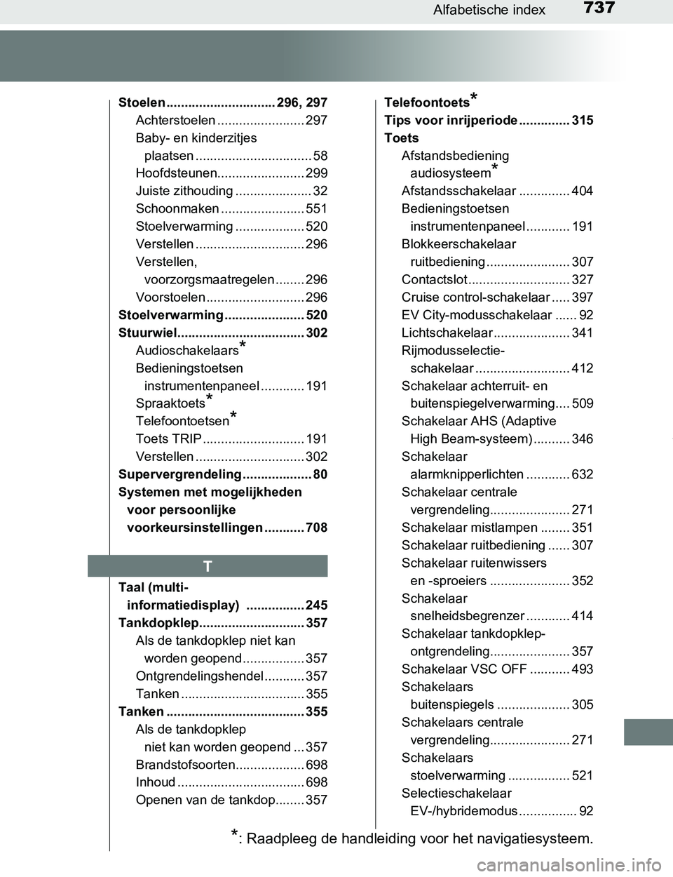 TOYOTA PRIUS PLUG-IN HYBRID 2016 Instructieboekje (in Dutch) 737Alfabetische index
PRIUS PHV_OM_OM47A89E_(EE)
Stoelen .............................. 296, 297
Achterstoelen ........................ 297
Baby- en kinderzitjes
plaatsen ............................ TOYOTA PRIUS PLUG-IN HYBRID 2016 Instructieboekje (in Dutch) 737Alfabetische index
PRIUS PHV_OM_OM47A89E_(EE)
Stoelen .............................. 296, 297
Achterstoelen ........................ 297
Baby- en kinderzitjes
plaatsen ............................