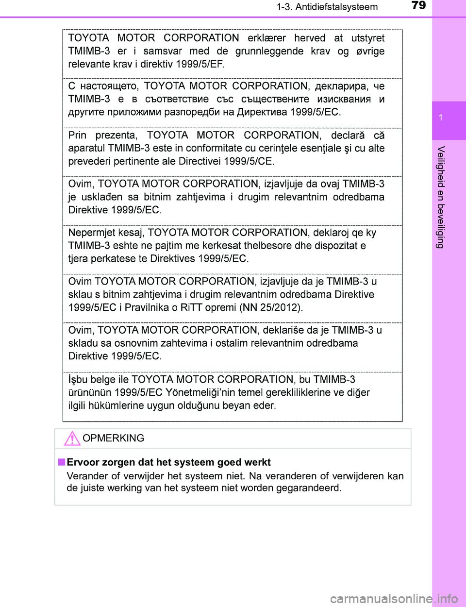 TOYOTA PRIUS PLUG-IN HYBRID 2016  Instructieboekje (in Dutch) 791-3. Antidiefstalsysteem
1
PRIUS PHV_OM_OM47A89E_(EE)
Veiligheid en beveiliging
OPMERKING
■Ervoor zorgen dat het systeem goed werkt
Verander  of  verwijder  het  systeem  niet.  Na  veranderen  of