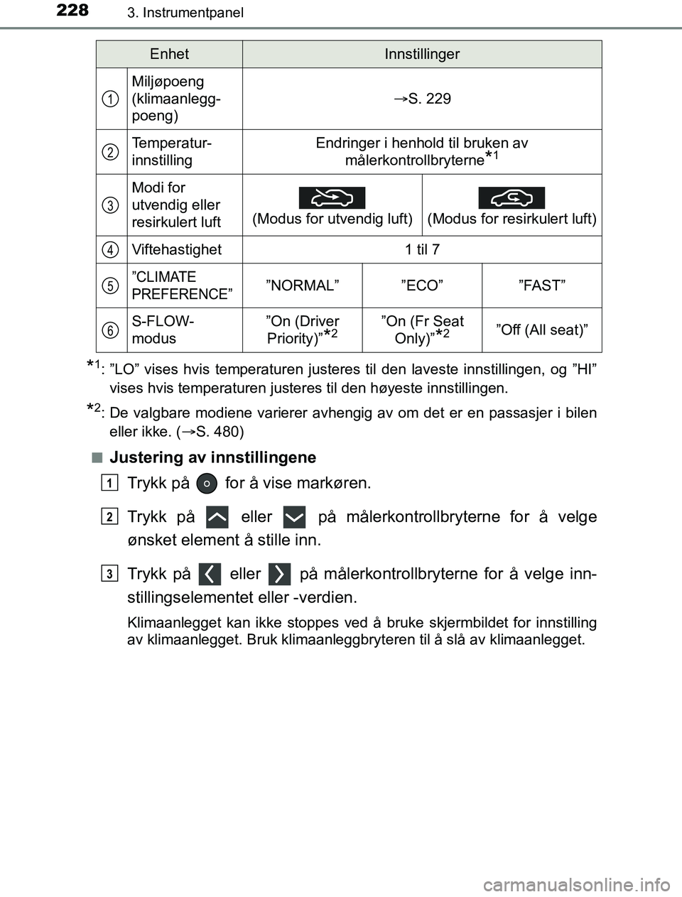 TOYOTA PRIUS PLUG-IN HYBRID 2016  Instruksjoner for bruk (in Norwegian) 2283. Instrumentpanel
OM47A89NO
*1: ”LO” vises hvis temperaturen justeres til den laveste innstillingen, og ”HI”vises hvis temperaturen justeres til den høyeste innstillingen.
*2: De valgbare