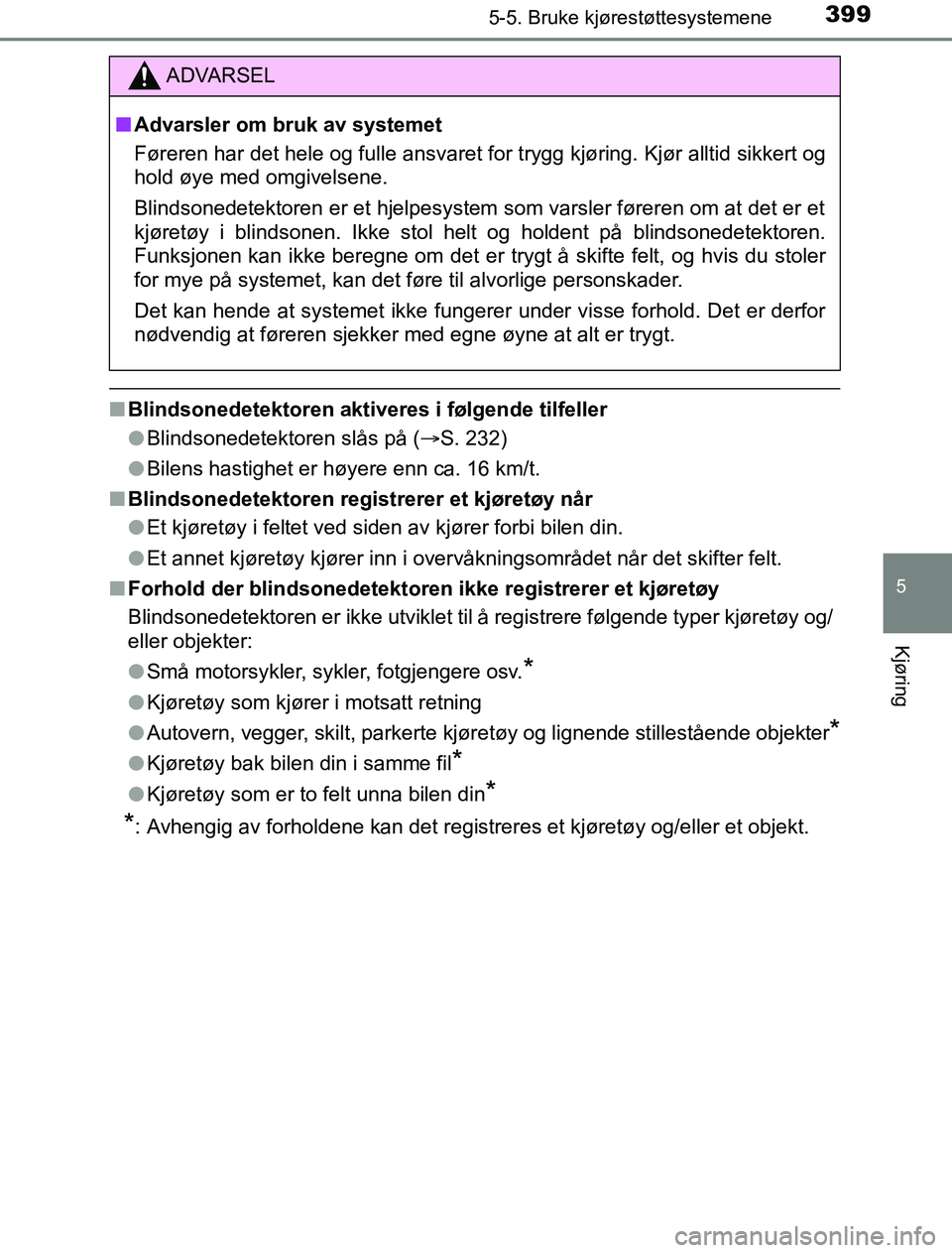 TOYOTA PRIUS PLUG-IN HYBRID 2016  Instruksjoner for bruk (in Norwegian) 3995-5. Bruke kjørestøttesystemene
OM47A89NO
5
Kjøring
nBlindsonedetektoren aktiveres i følgende tilfeller
lBlindsonedetektoren slås på ( S. 232)
l Bilens hastighet er høyere enn ca. 16 km/t