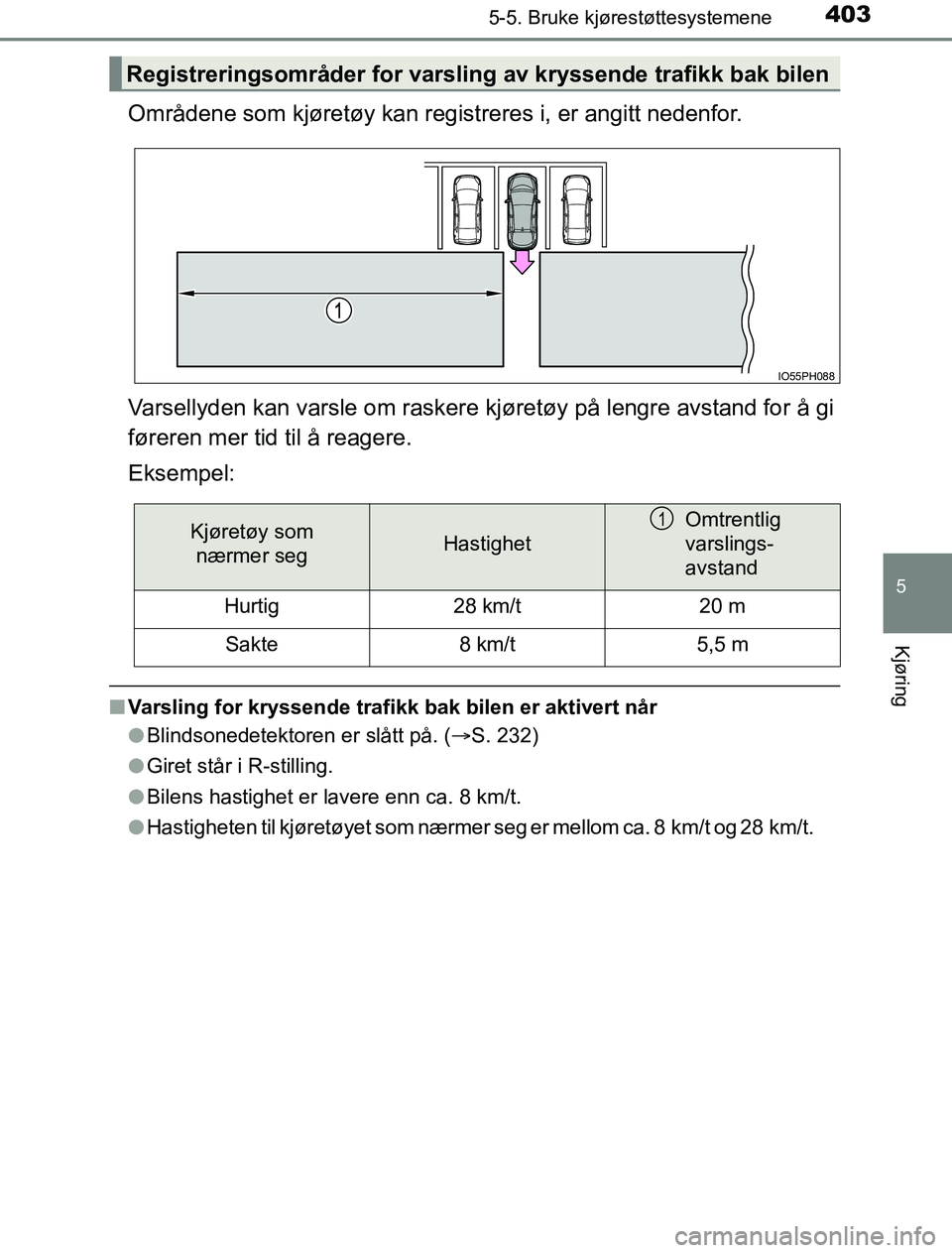 TOYOTA PRIUS PLUG-IN HYBRID 2016  Instruksjoner for bruk (in Norwegian) 4035-5. Bruke kjørestøttesystemene
OM47A89NO
5
Kjøring
Områdene som kjøretøy kan registreres i, er angitt nedenfor.
Varsellyden kan varsle om raskere kjøretøy på lengre avstand for å gi
før