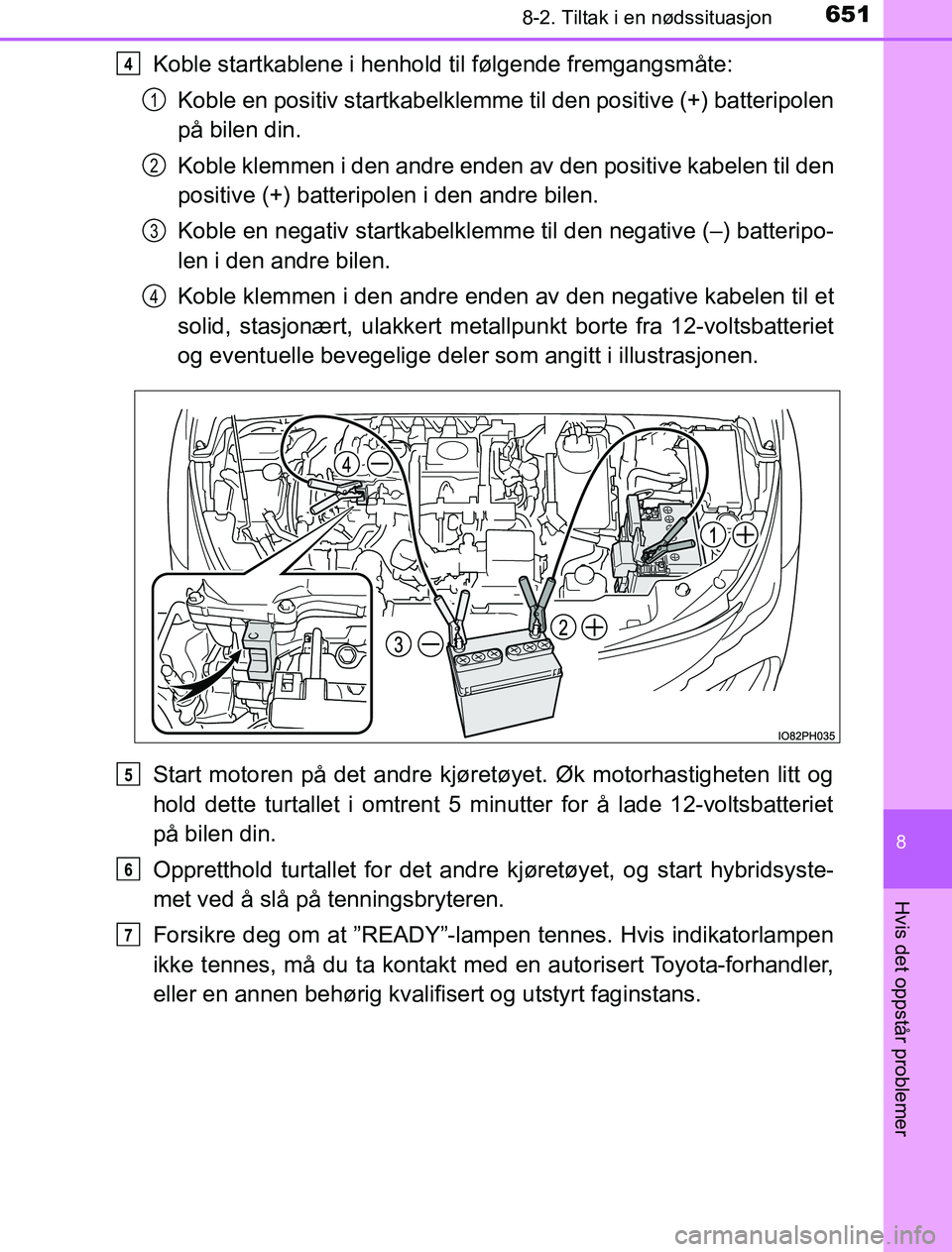 TOYOTA PRIUS PLUG-IN HYBRID 2016  Instruksjoner for bruk (in Norwegian) 6518-2. Tiltak i en nødssituasjon
OM47A89NO
8
Hvis det oppstår problemer
Koble startkablene i henhold til følgende fremgangsmåte:Koble en positiv startkabelklemme til den positive (+) batteripolen
