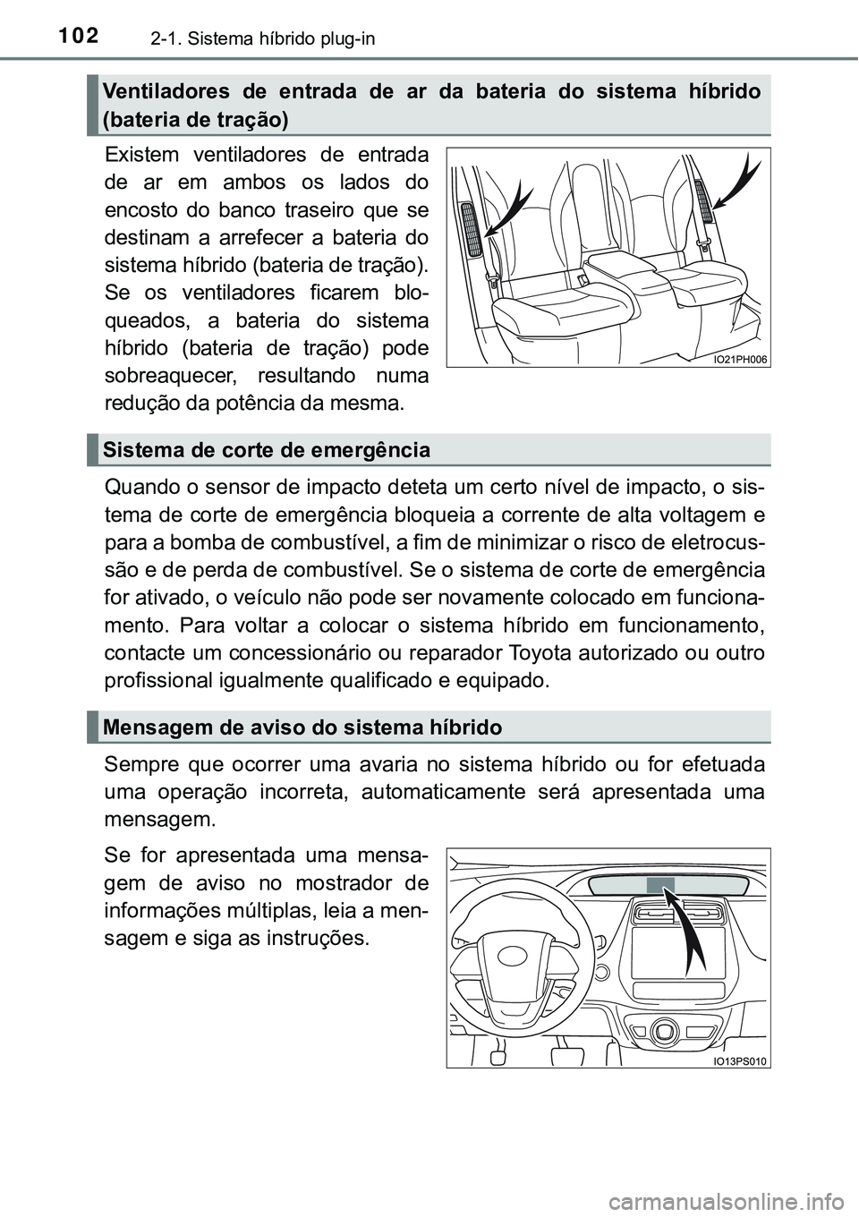 TOYOTA PRIUS PLUG-IN HYBRID 2016 Manual de utilização (in Portuguese) 1022-1. Sistema híbrido plug-in
Existem ventiladores de entrada
de ar em ambos os lados do
encosto do banco traseiro que se
destinam a arrefecer a bateria do
sistema híbrido (bateria d TOYOTA PRIUS PLUG-IN HYBRID 2016 Manual de utilização (in Portuguese) 1022-1. Sistema híbrido plug-in
Existem ventiladores de entrada
de ar em ambos os lados do
encosto do banco traseiro que se
destinam a arrefecer a bateria do
sistema híbrido (bateria d