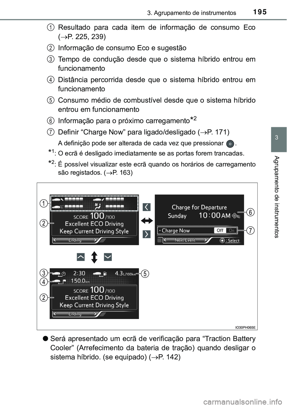TOYOTA PRIUS PLUG-IN HYBRID 2016  Manual de utilização (in Portuguese) 1953. Agrupamento de instrumentos
3
Agrupamento de instrumentos
Resultado  para  cada  item  de  informação  de  consumo  Eco
(P. 225, 239)
Informação de consumo Eco e sugestão
Tempo  de  cond
