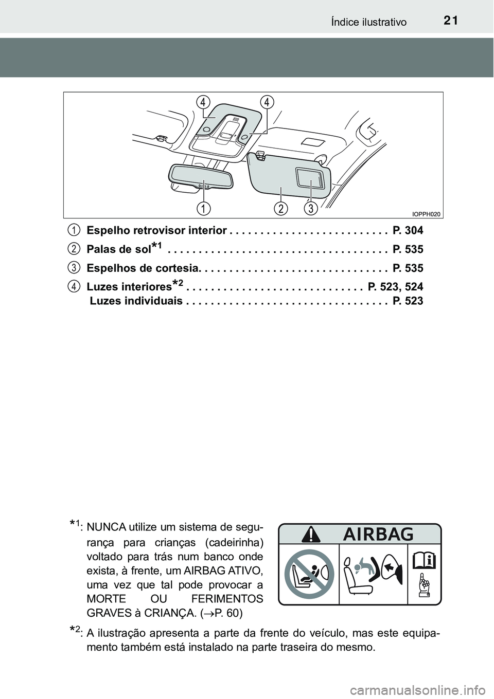 TOYOTA PRIUS PLUG-IN HYBRID 2016  Manual de utilização (in Portuguese) 21Índice ilustrativo
Espelho retrovisor interior . . . . . . . . . . . . . . . . . . . . . . . . . .  P. 304
Palas de sol
*1 . . . . . . . . . . . . . . . . . . . . . . . . . . . . . . . . . . . .  P
