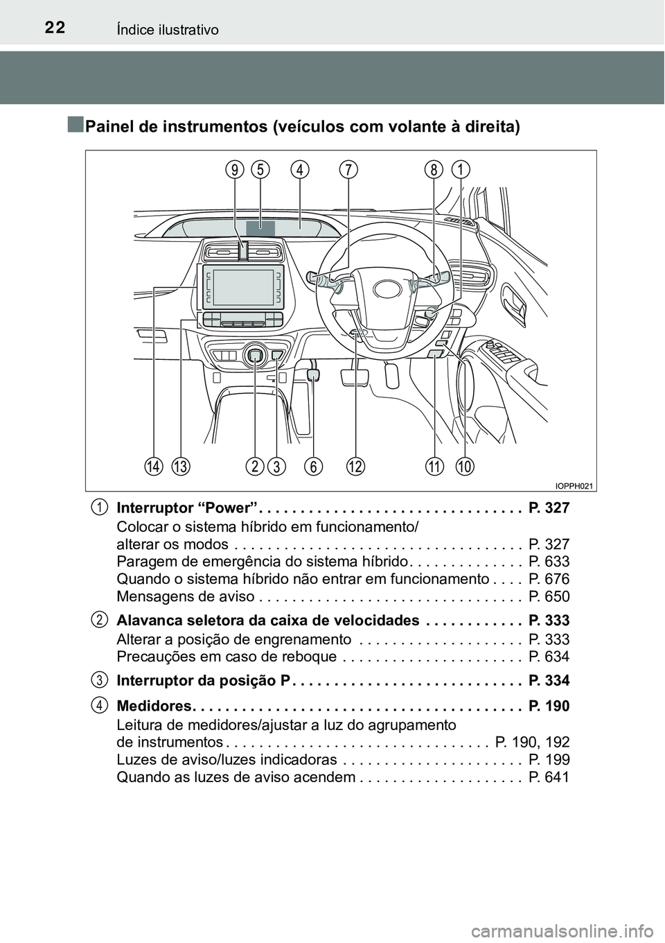 TOYOTA PRIUS PLUG-IN HYBRID 2016 Manual de utilização (in Portuguese) 22Índice ilustrativo
nPainel de instrumentos (veículos com volante à direita)
Interruptor “Power” . . . . . . . . . . . . . . . . . . . . . . . . . . . . . . . . P. 327
Colocar o sistema híbr TOYOTA PRIUS PLUG-IN HYBRID 2016 Manual de utilização (in Portuguese) 22Índice ilustrativo
nPainel de instrumentos (veículos com volante à direita)
Interruptor “Power” . . . . . . . . . . . . . . . . . . . . . . . . . . . . . . . . P. 327
Colocar o sistema híbr