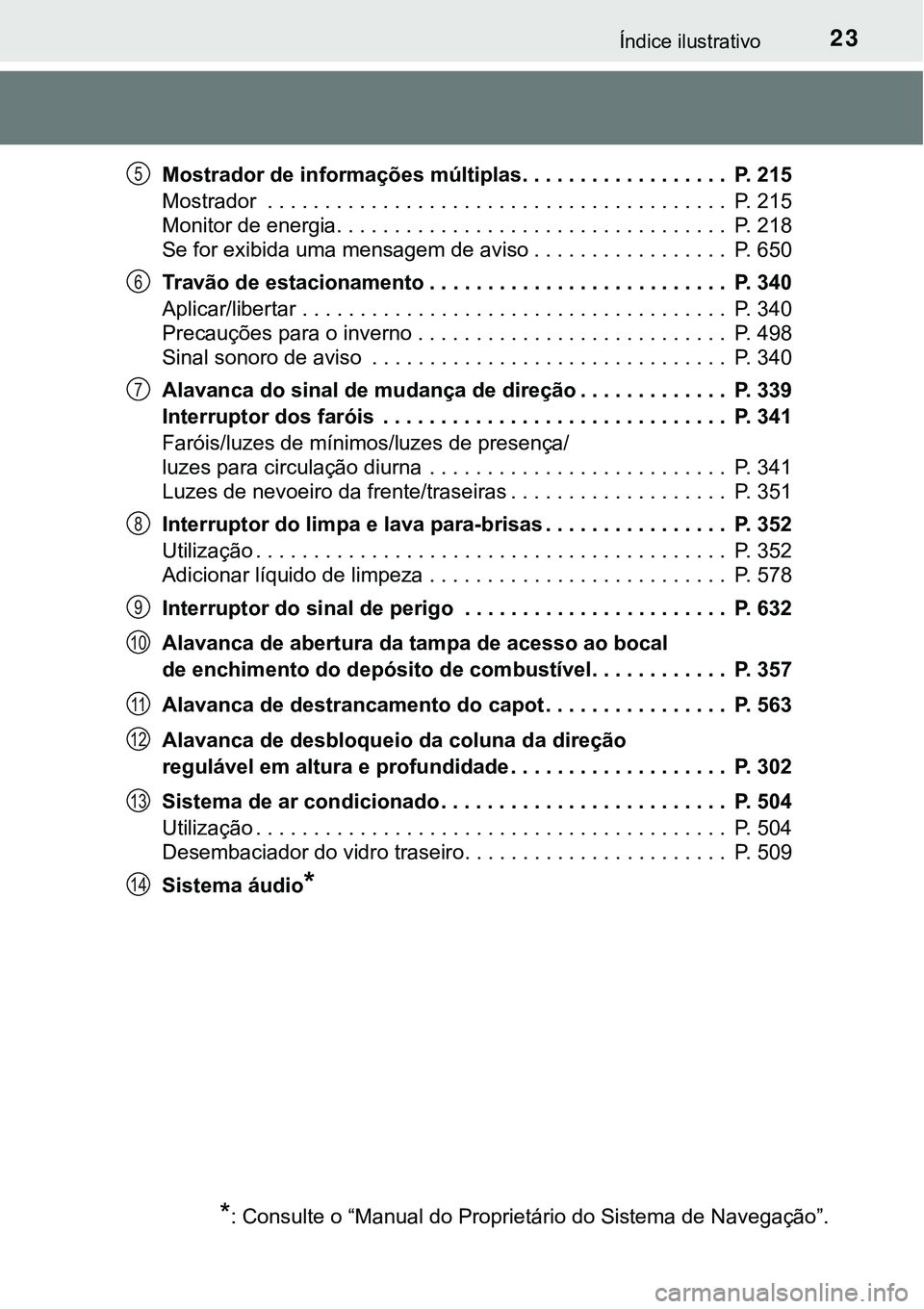 TOYOTA PRIUS PLUG-IN HYBRID 2016 Manual de utilização (in Portuguese) 23Índice ilustrativo
Mostrador de informações múltiplas. . . . . . . . . . . . . . . . . . P. 215
Mostrador . . . . . . . . . . . . . . . . . . . . . . . . . . . . . . . . . . . . . . . . P. 21 TOYOTA PRIUS PLUG-IN HYBRID 2016 Manual de utilização (in Portuguese) 23Índice ilustrativo
Mostrador de informações múltiplas. . . . . . . . . . . . . . . . . . P. 215
Mostrador . . . . . . . . . . . . . . . . . . . . . . . . . . . . . . . . . . . . . . . . P. 21