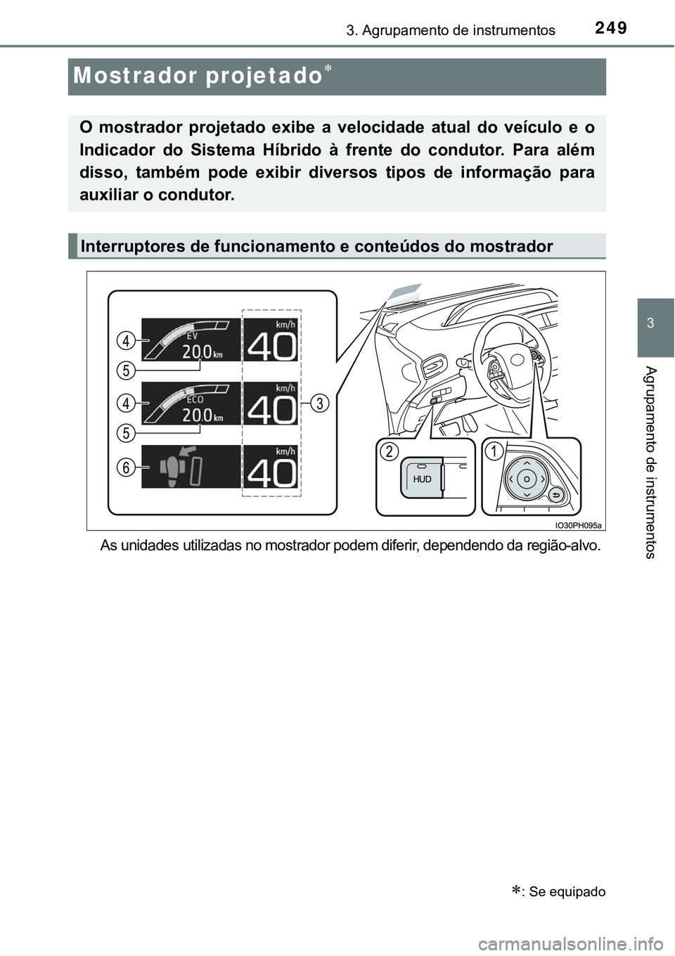 TOYOTA PRIUS PLUG-IN HYBRID 2016  Manual de utilização (in Portuguese) 2493. Agrupamento de instrumentos
3
Agrupamento de instrumentos
Mostrador projetado
As unidades utilizadas no mostrador podem diferir, dependendo da região-alvo.
: Se equipado
O  mostrador  pro