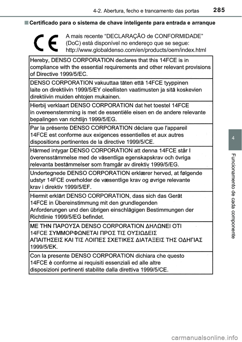TOYOTA PRIUS PLUG-IN HYBRID 2016  Manual de utilização (in Portuguese) 2854-2. Abertura, fecho e trancamento das portas
4
Funcionamento de cada componente
nCertificado para o sistema de chave inteligente para entrada e arranque
A mais recente “DECLARAÇÃO de CONFORMID