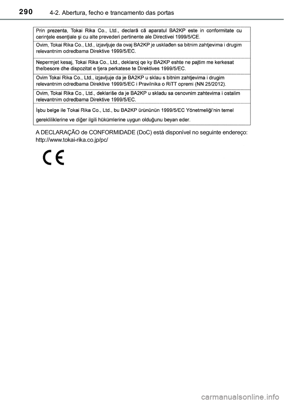 TOYOTA PRIUS PLUG-IN HYBRID 2016  Manual de utilização (in Portuguese) 2904-2. Abertura, fecho e trancamento das portas
A DECLARAÇÃO de CONFORMIDADE (DoC) está disponível no seguinte endereço:
http://www.tokai-rika.co.jp/pc/ 