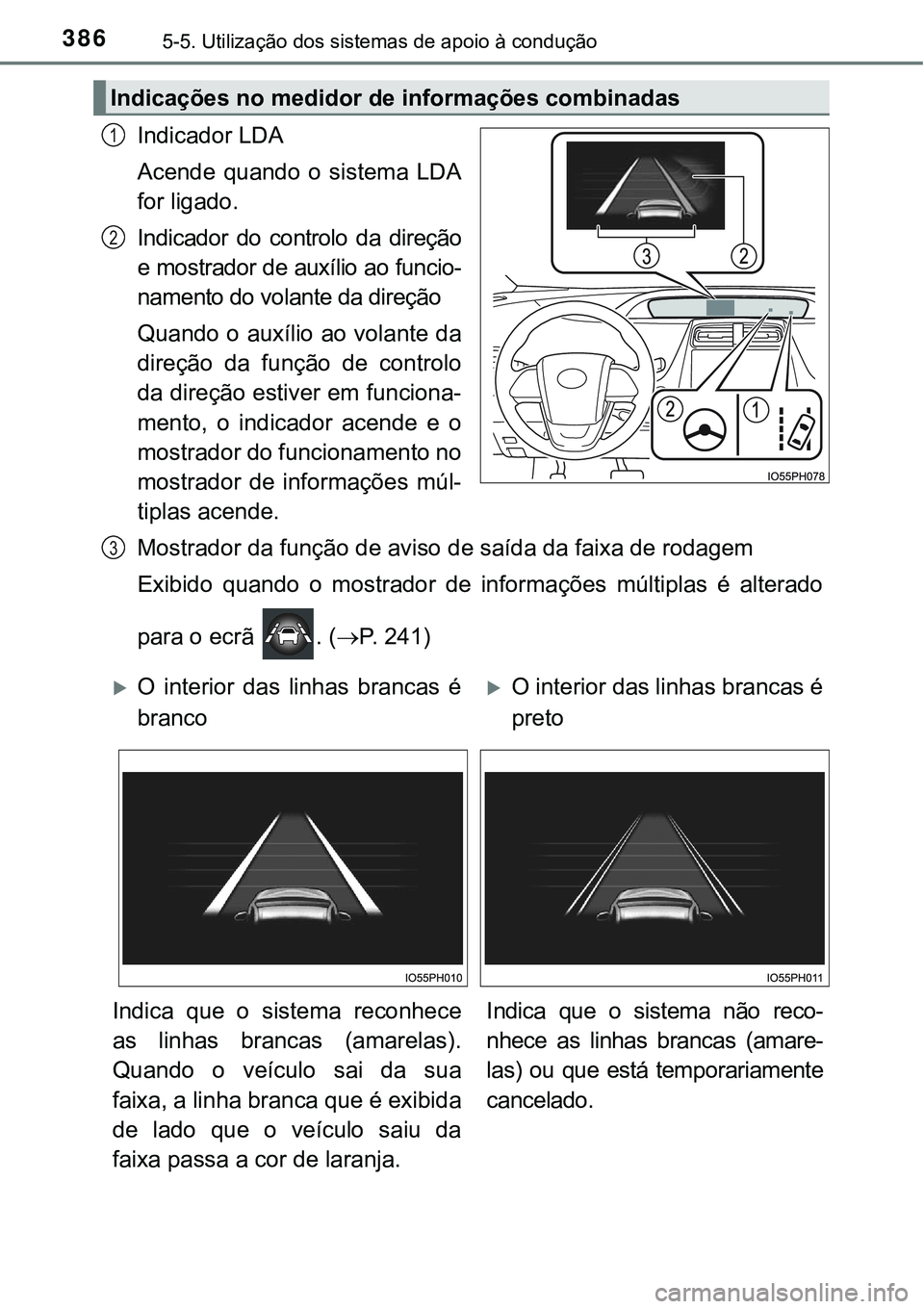 TOYOTA PRIUS PLUG-IN HYBRID 2016  Manual de utilização (in Portuguese) 3865-5. Utilização dos sistemas de apoio à condução
Indicador LDA
Acende  quando  o  sistema  LDA
for ligado.
Indicador  do  controlo  da  direção
e mostrador de auxílio ao funcio-
namento do 