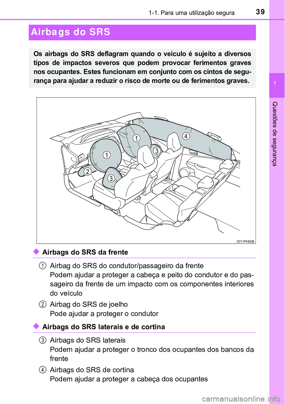 TOYOTA PRIUS PLUG-IN HYBRID 2016  Manual de utilização (in Portuguese) 391-1. Para uma utilização segura
1
Questões de segurança
Airbags do SRS
uAirbags do SRS da frente
Airbag do SRS do condutor/passageiro da frente
Podem ajudar a proteger a cabeça e peito do condu