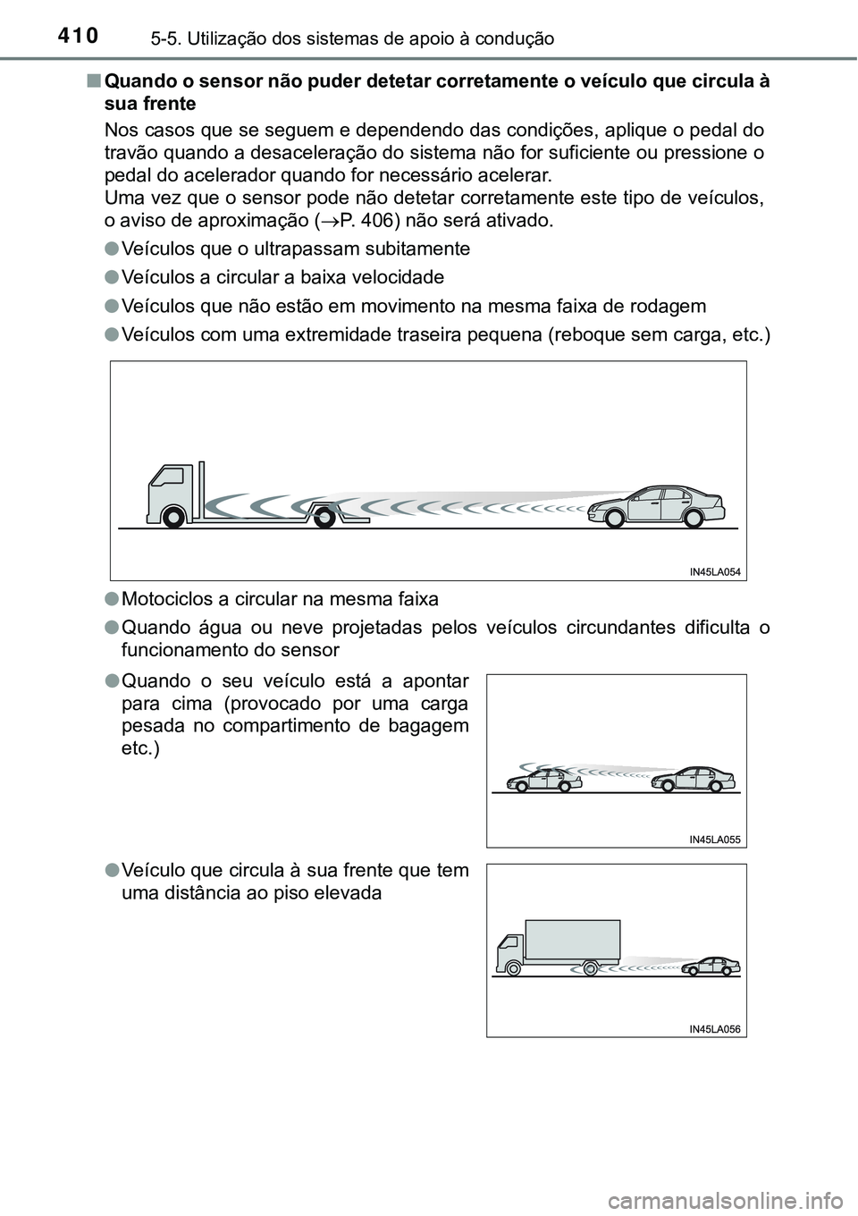 TOYOTA PRIUS PLUG-IN HYBRID 2016  Manual de utilização (in Portuguese) 4105-5. Utilização dos sistemas de apoio à condução
nQuando o sensor não puder detetar corretamente o veículo que circula à
sua frente
Nos casos que se seguem e dependendo das condições, apl