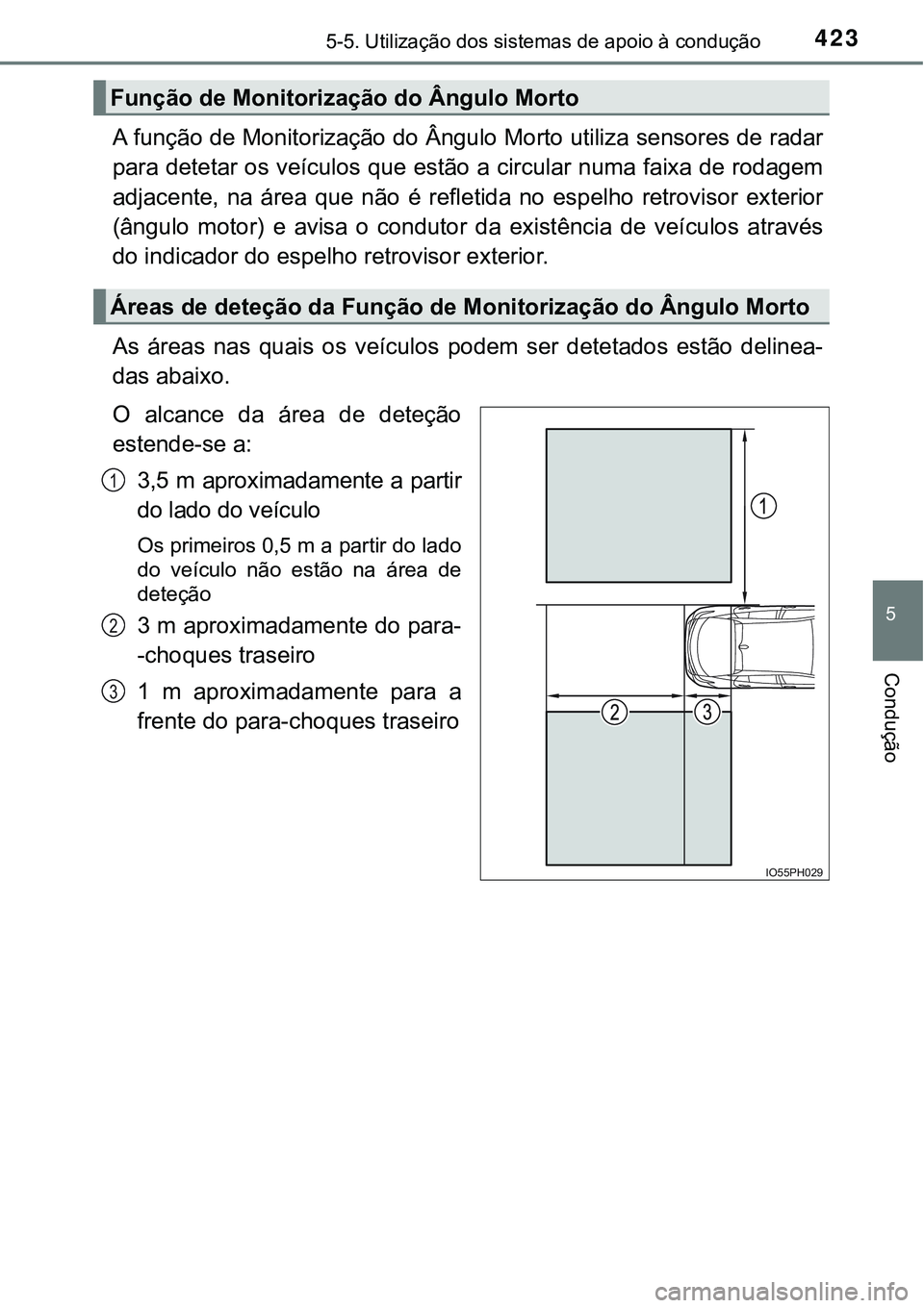 TOYOTA PRIUS PLUG-IN HYBRID 2016  Manual de utilização (in Portuguese) 4235-5. Utilização dos sistemas de apoio à condução
5
Condução
A função de Monitorização do Ângulo Morto utiliza sensores de radar
para detetar os veículos que estão a circular numa faix