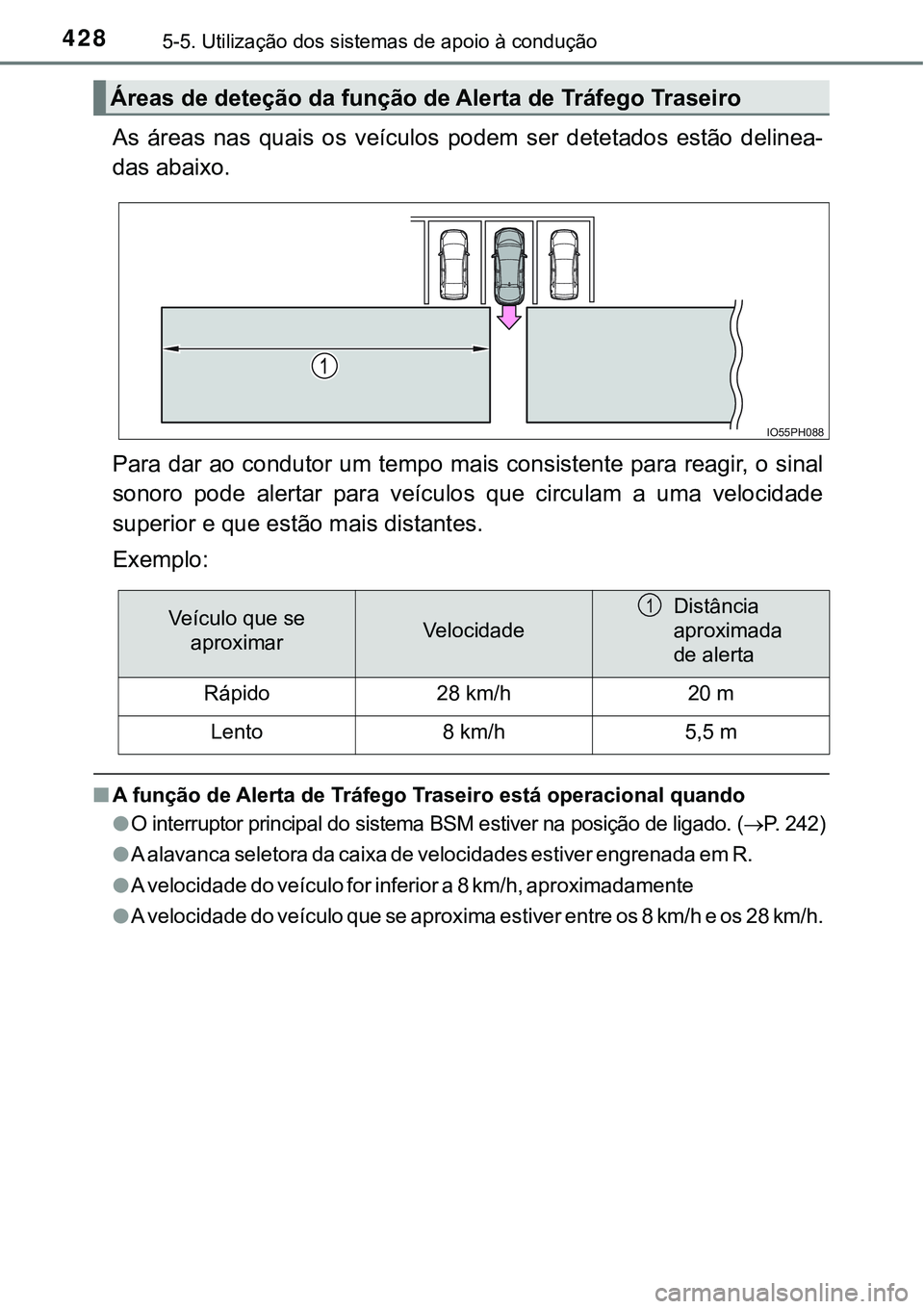 TOYOTA PRIUS PLUG-IN HYBRID 2016  Manual de utilização (in Portuguese) 4285-5. Utilização dos sistemas de apoio à condução
As  áreas  nas  quais  os  veículos  podem  ser  detetados  estão  delinea-
das abaixo.
Para dar ao condutor um tempo mais consistente para 
