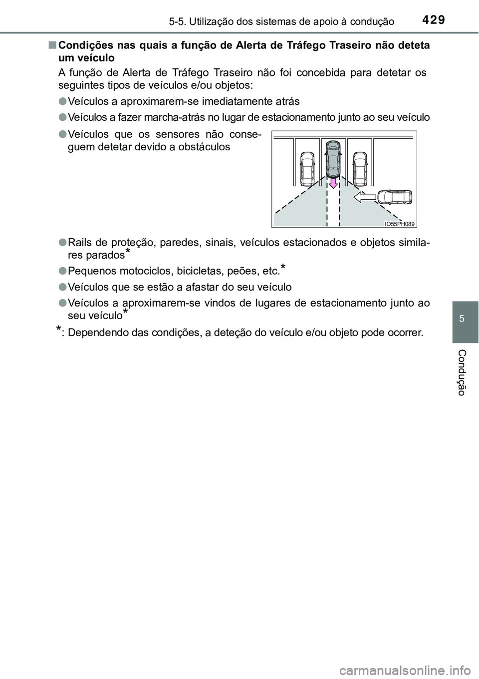 TOYOTA PRIUS PLUG-IN HYBRID 2016  Manual de utilização (in Portuguese) 4295-5. Utilização dos sistemas de apoio à condução
5
Condução
nCondições  nas  quais  a  função  de Alerta  de  Tráfego  Traseiro  não deteta
um veículo
A  função  de  Alerta  de  Tr