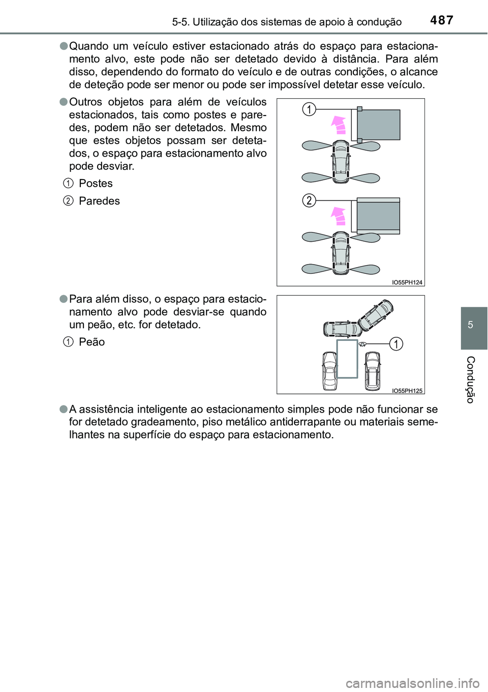 TOYOTA PRIUS PLUG-IN HYBRID 2016  Manual de utilização (in Portuguese) 4875-5. Utilização dos sistemas de apoio à condução
5
Condução
lQuando  um  veículo  estiver  estacionado  atrás  do  espaço  para  estaciona-
mento  alvo,  este  pode  não  ser  detetado  