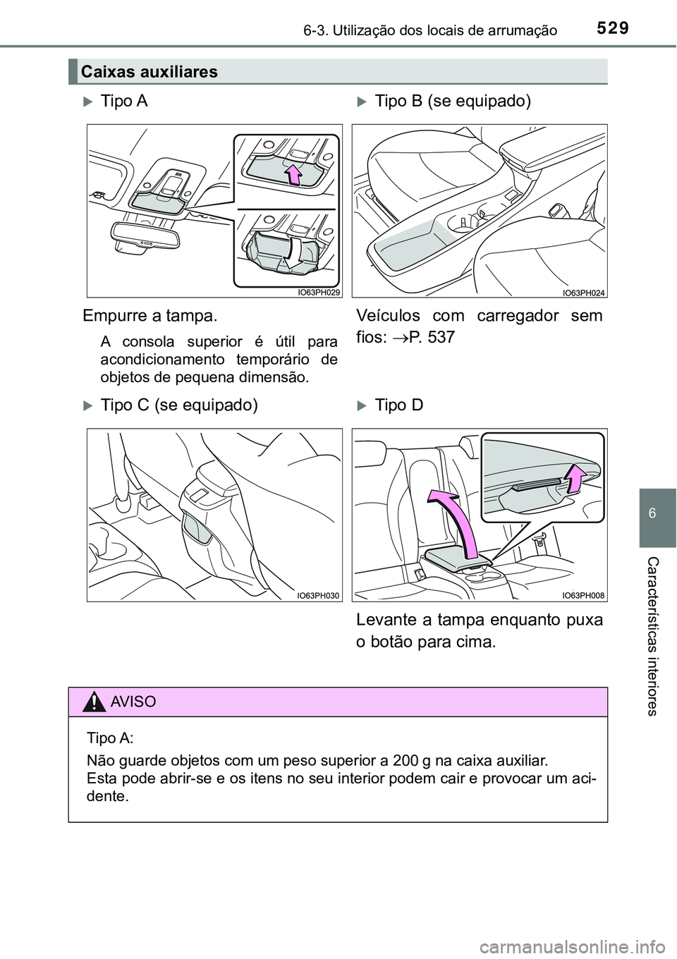 TOYOTA PRIUS PLUG-IN HYBRID 2016  Manual de utilização (in Portuguese) 5296-3. Utilização dos locais de arrumação
6
Características interiores
Caixas auxiliares
Tipo ATipo B (se equipado)
Empurre a tampa.
A  consola  superior  é  útil  para
acondicionamento 