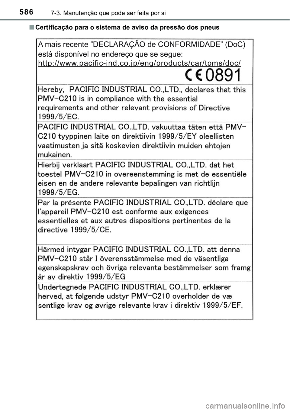 TOYOTA PRIUS PLUG-IN HYBRID 2016  Manual de utilização (in Portuguese) 5867-3. Manutenção que pode ser feita por si
nCertificação para o sistema de aviso da pressão dos pneus
A mais recente “DECLARAÇÃO de CONFORMIDADE” (DoC) 
está disponível no endereço que