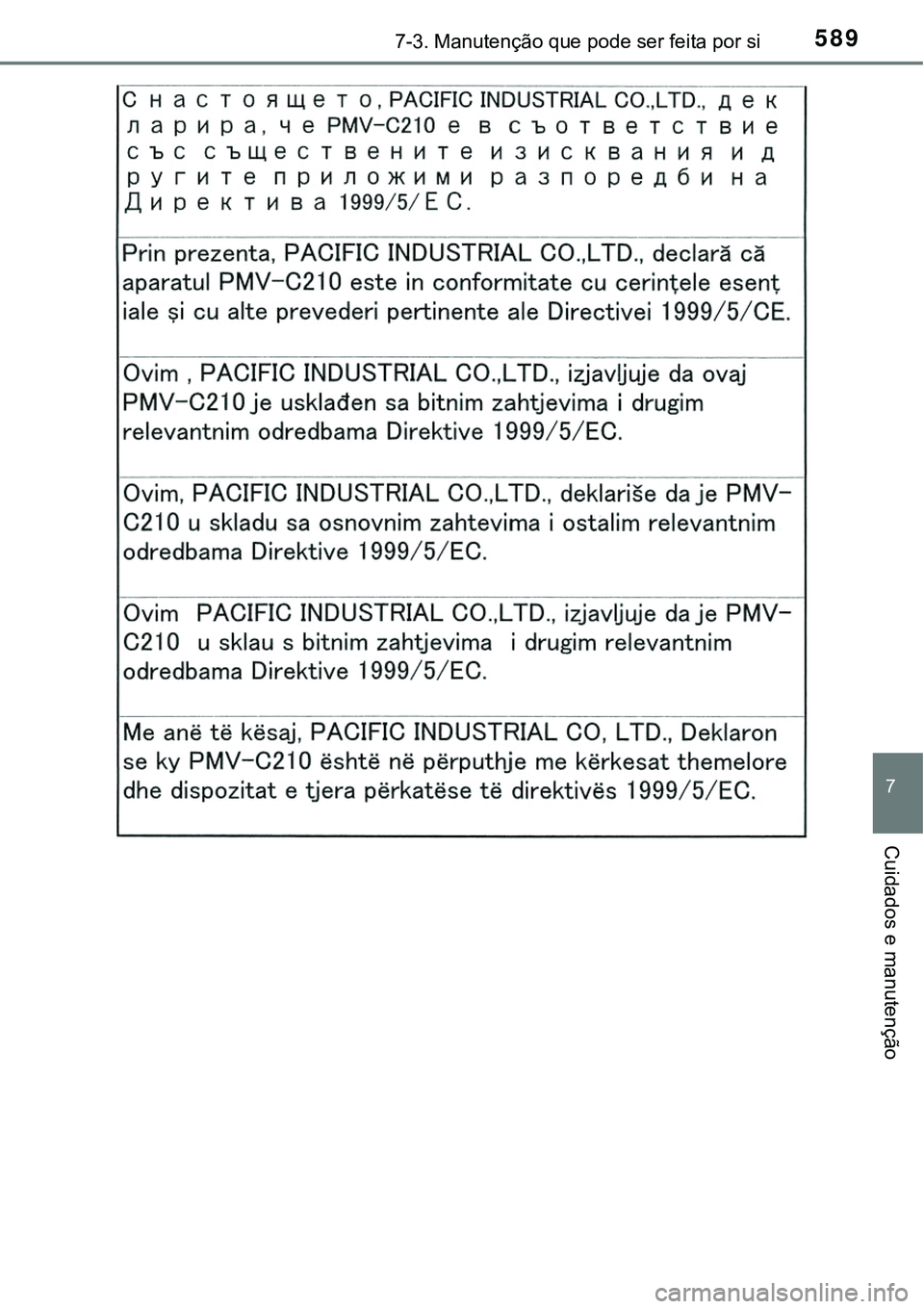 TOYOTA PRIUS PLUG-IN HYBRID 2016  Manual de utilização (in Portuguese) 5897-3. Manutenção que pode ser feita por si
7
Cuidados e manutenção 
