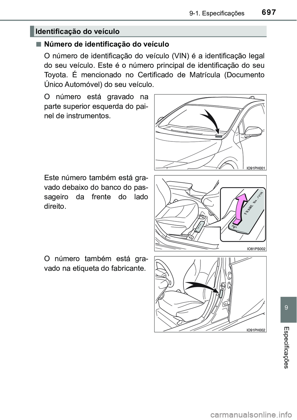 TOYOTA PRIUS PLUG-IN HYBRID 2016  Manual de utilização (in Portuguese) 6979-1. Especificações
9
Especificações
nNúmero de identificação do veículo
O  número  de  identificação  do  veículo  (VIN)  é  a  identificação  legal
do seu veículo. Este é o núme