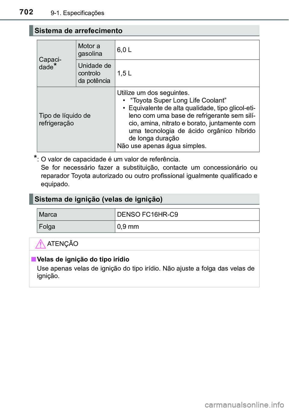 TOYOTA PRIUS PLUG-IN HYBRID 2016  Manual de utilização (in Portuguese) 7029-1. Especificações
*: O valor de capacidade é um valor de referência.
Se  for  necessário  fazer  a  substituição,  contacte  um  concessionário  ou
reparador Toyota autorizado ou outro pr