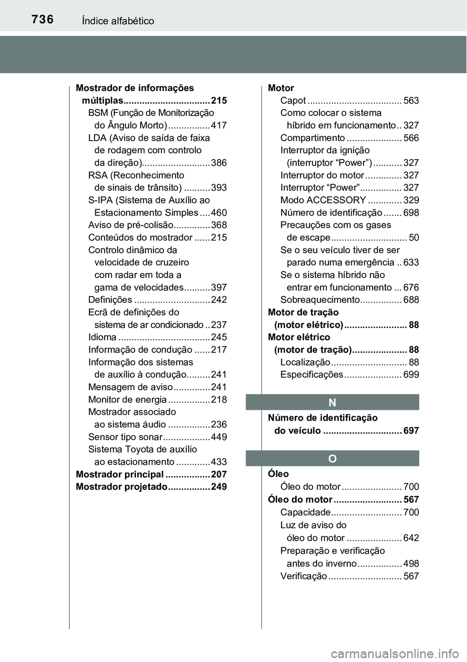TOYOTA PRIUS PLUG-IN HYBRID 2016  Manual de utilização (in Portuguese) 736Índice alfabético
Mostrador de informações 
múltiplas................................. 215 
BSM (Função de Monitorização 
do Ângulo Morto) ................ 417
LDA (Aviso de saída de fai