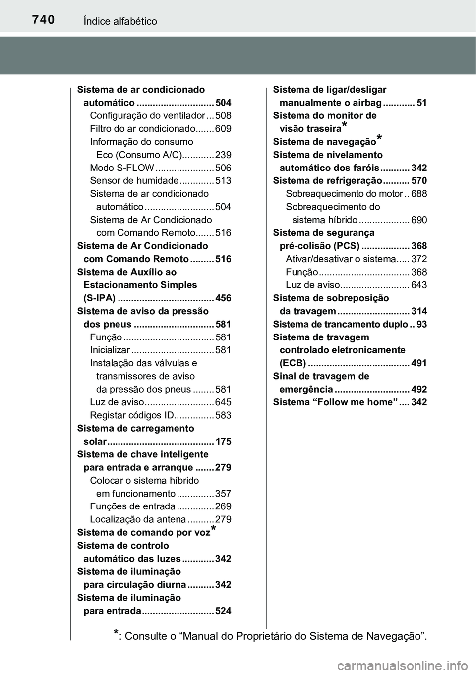 TOYOTA PRIUS PLUG-IN HYBRID 2016  Manual de utilização (in Portuguese) 740Índice alfabético
Sistema de ar condicionado 
automático ............................. 504
Configuração do ventilador ... 508
Filtro do ar condicionado....... 609
Informação do consumo 
Eco 