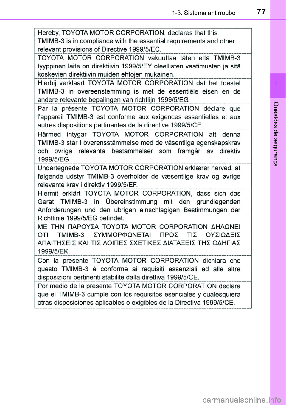 TOYOTA PRIUS PLUG-IN HYBRID 2016  Manual de utilização (in Portuguese) 771-3. Sistema antirroubo
1
Questões de segurança 