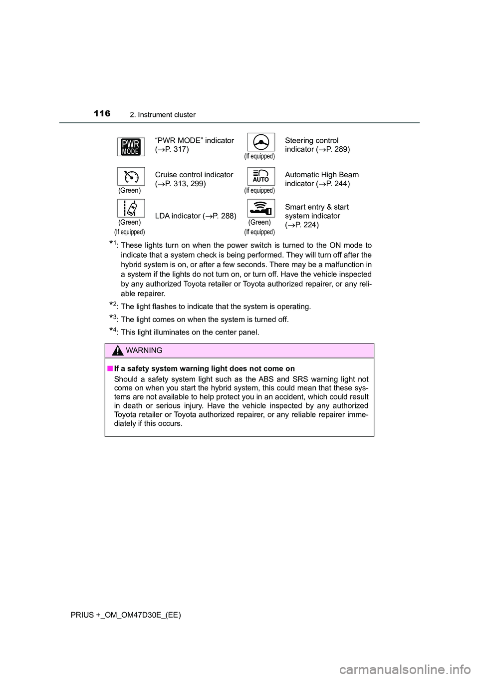 TOYOTA PRIUS PLUS 2019 Owners Manual 1162. Instrument cluster
PRIUS +_OM_OM47D30E_(EE)
*1: These lights turn on when the power switch is turned to the ON mode to
indicate that a system check is being performed. They will turn off after TOYOTA PRIUS PLUS 2019 Owners Manual 1162. Instrument cluster
PRIUS +_OM_OM47D30E_(EE)
*1: These lights turn on when the power switch is turned to the ON mode to
indicate that a system check is being performed. They will turn off after