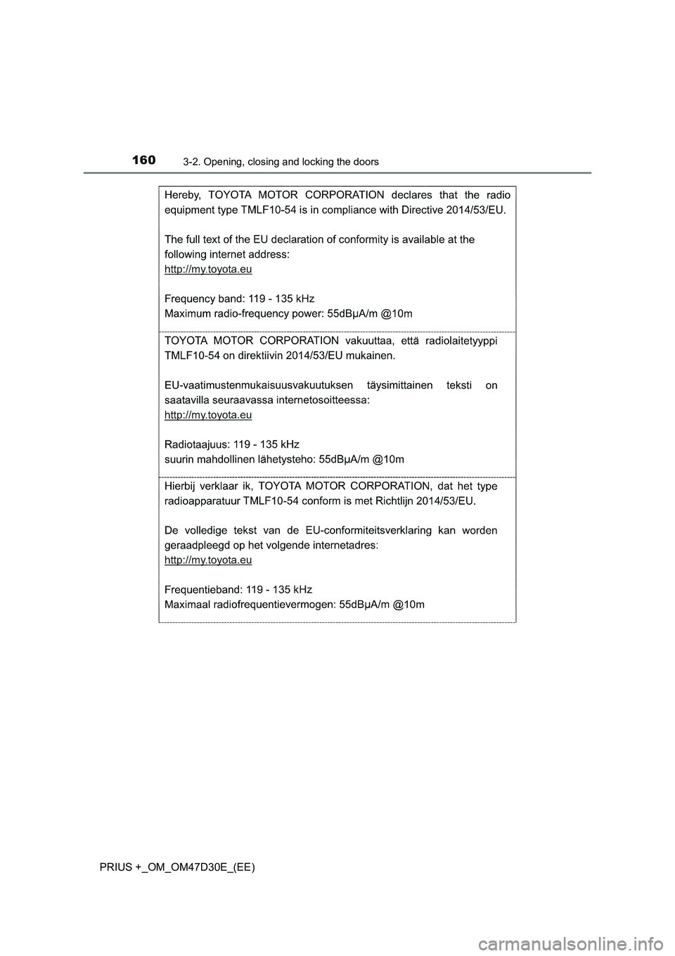 TOYOTA PRIUS PLUS 2019  Owners Manual 1603-2. Opening, closing and locking the doors
PRIUS +_OM_OM47D30E_(EE) 
