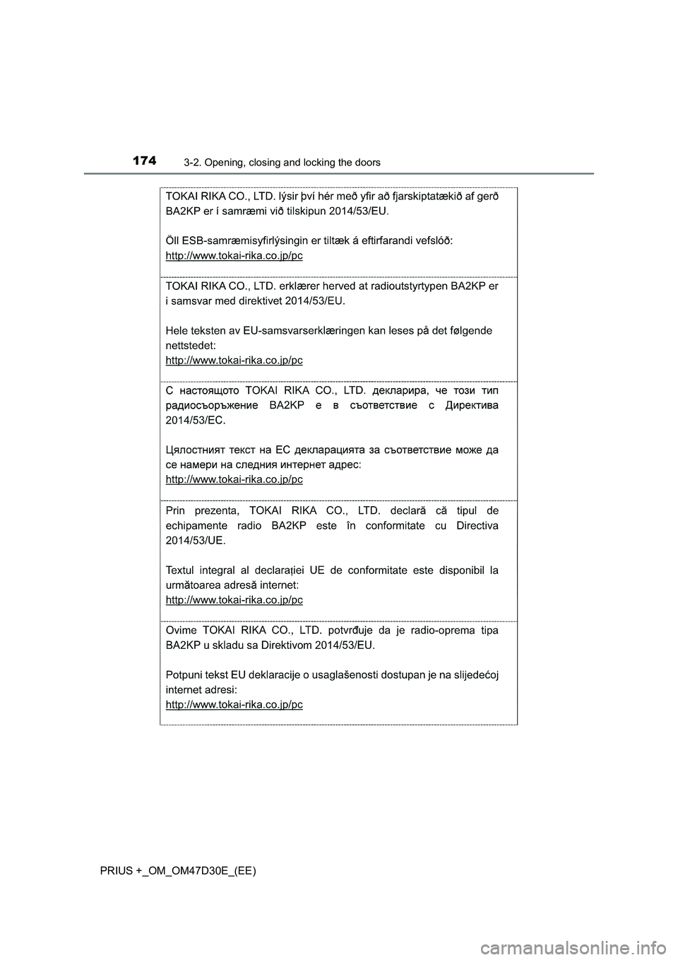 TOYOTA PRIUS PLUS 2019  Owners Manual 1743-2. Opening, closing and locking the doors
PRIUS +_OM_OM47D30E_(EE) 