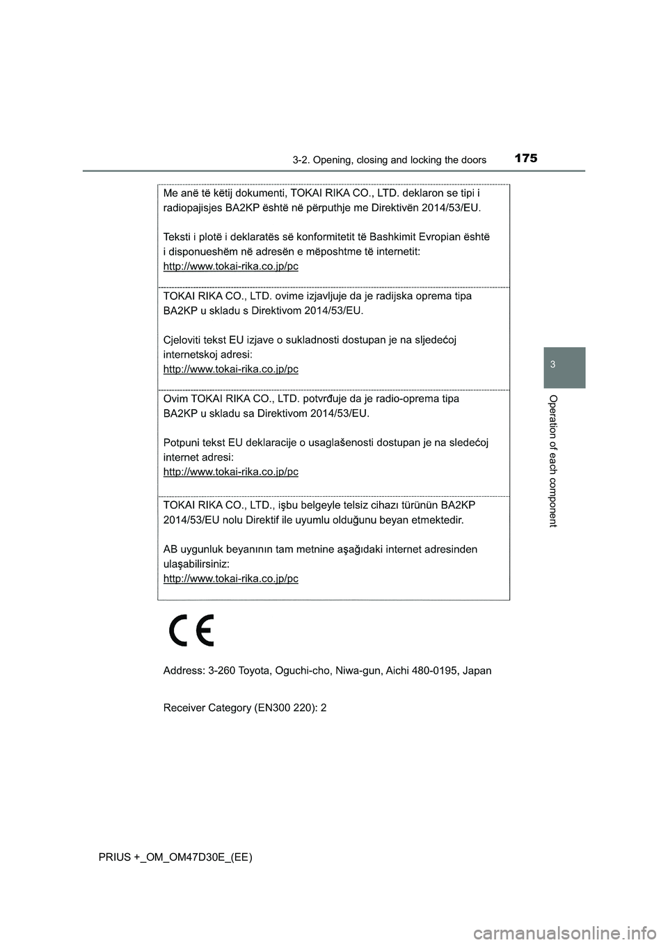TOYOTA PRIUS PLUS 2019  Owners Manual 1753-2. Opening, closing and locking the doors
3
Operation of each component
PRIUS +_OM_OM47D30E_(EE) 