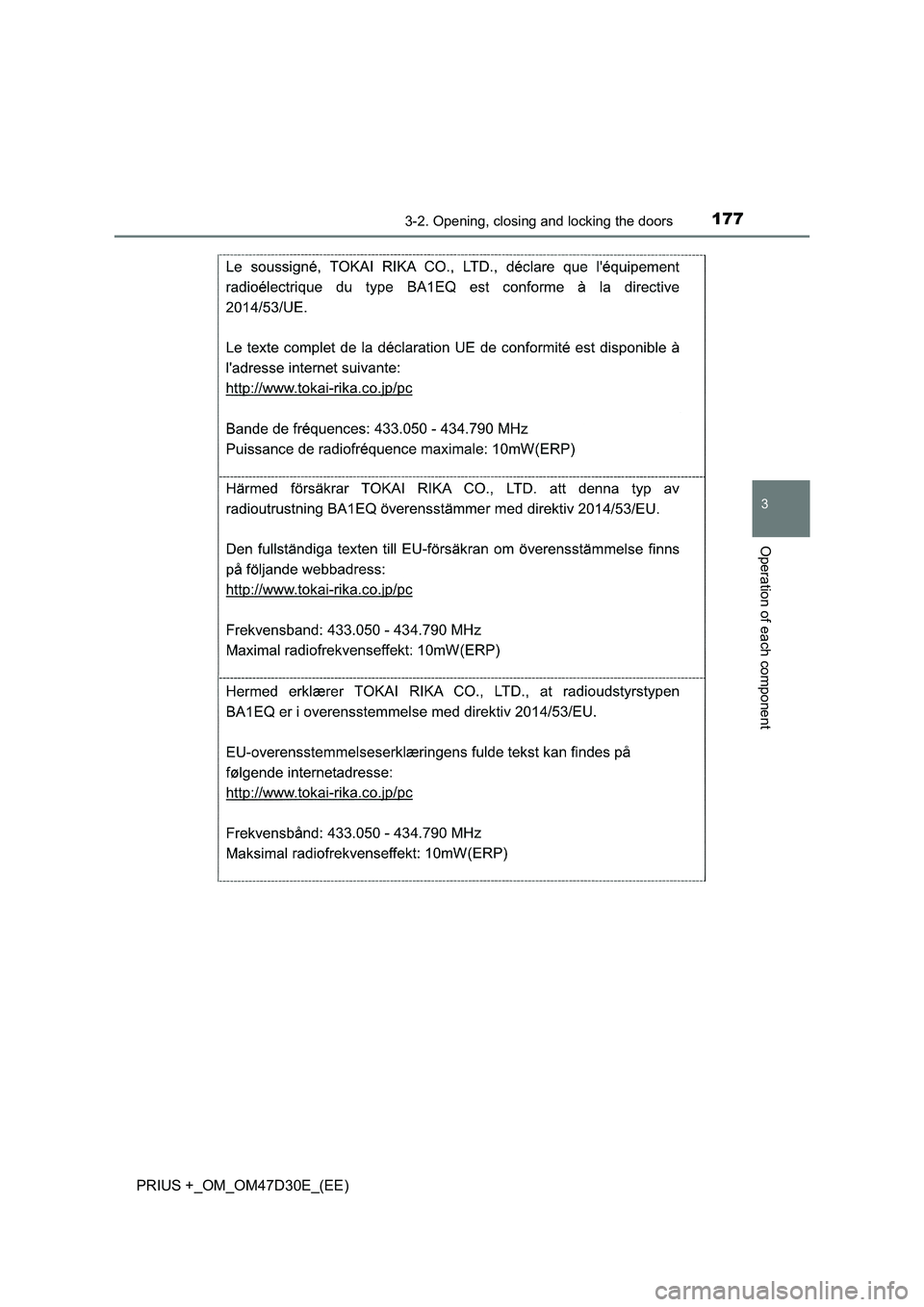 TOYOTA PRIUS PLUS 2019  Owners Manual 1773-2. Opening, closing and locking the doors
3
Operation of each component
PRIUS +_OM_OM47D30E_(EE) 