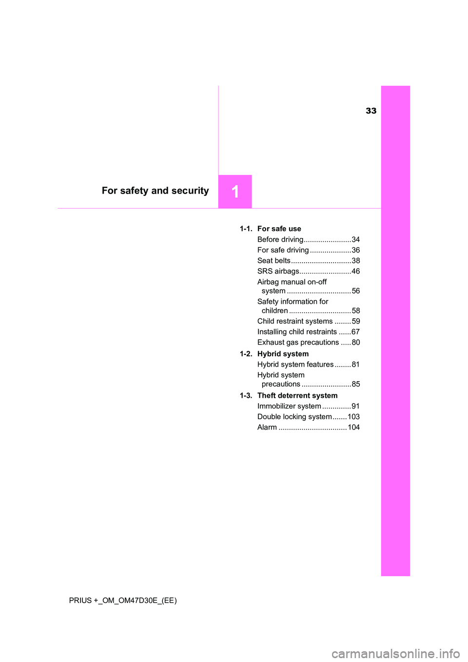 TOYOTA PRIUS PLUS 2019  Owners Manual 33
1For safety and security
PRIUS +_OM_OM47D30E_(EE) 
1-1. For safe use 
Before driving....................... 34 
For safe driving .................... 36 
Seat belts ............................. 38