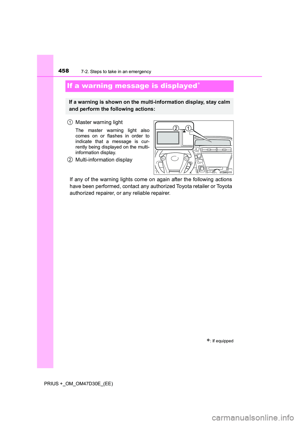 TOYOTA PRIUS PLUS 2019  Owners Manual 4587-2. Steps to take in an emergency
PRIUS +_OM_OM47D30E_(EE)
If a warning message is displayed
Master warning light
The master warning light also 
comes on or flashes in order to
indicate that a 