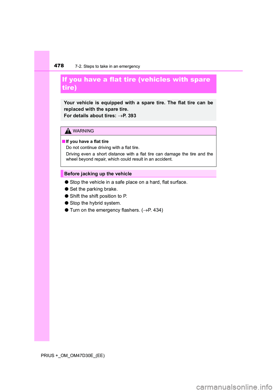 TOYOTA PRIUS PLUS 2019  Owners Manual 4787-2. Steps to take in an emergency
PRIUS +_OM_OM47D30E_(EE)
If you have a flat tire (vehicles with spare  
tire)
● Stop the vehicle in a safe place on a hard, flat surface. 
● Set the parking b