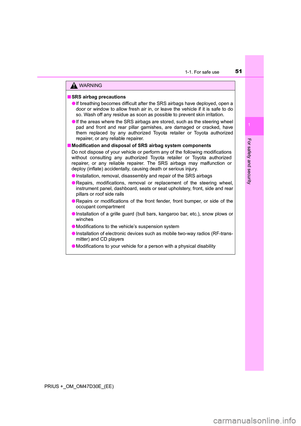 TOYOTA PRIUS PLUS 2019  Owners Manual 511-1. For safe use
1
PRIUS +_OM_OM47D30E_(EE)
For safety and security
WARNING
■SRS airbag precautions 
● If breathing becomes difficult after the SRS airbags have deployed, open a 
door or window
