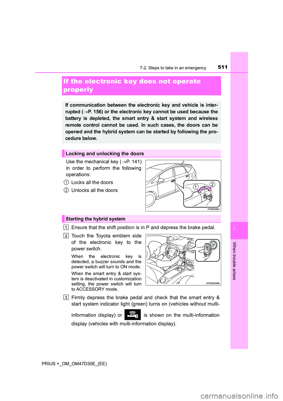 TOYOTA PRIUS PLUS 2019  Owners Manual 5117-2. Steps to take in an emergency
PRIUS +_OM_OM47D30E_(EE)
7
When trouble arises
If the electronic key does not operate  
properly
Use the mechanical key ( P. 141) 
in order to perform the foll