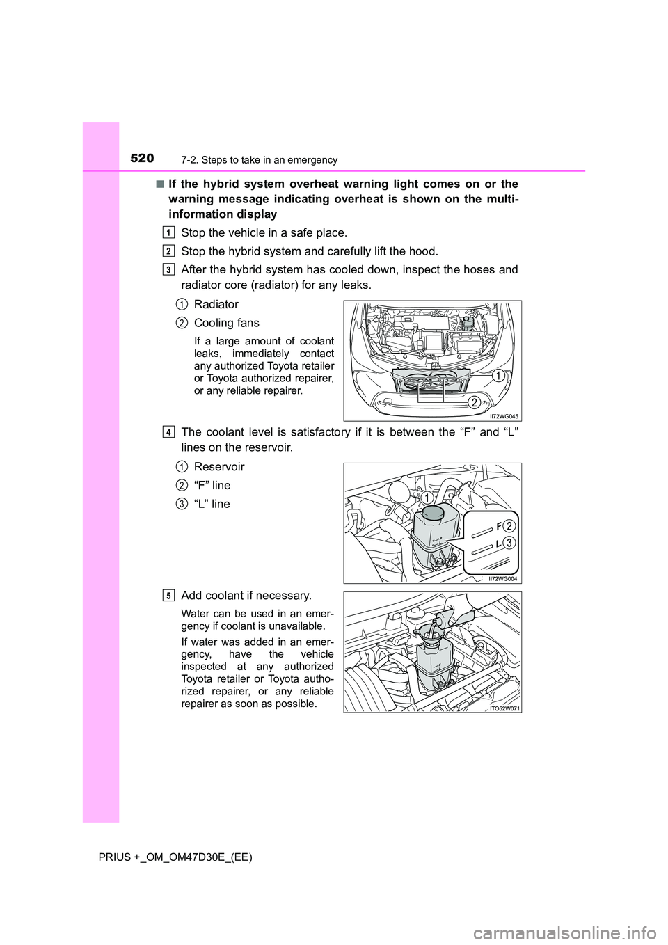 TOYOTA PRIUS PLUS 2019  Owners Manual 5207-2. Steps to take in an emergency
PRIUS +_OM_OM47D30E_(EE) 
■If the hybrid system overheat warning light comes on or the 
warning message indicating overheat is shown on the multi- 
information 