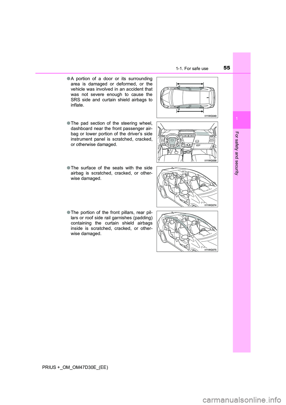 TOYOTA PRIUS PLUS 2019  Owners Manual 551-1. For safe use
1
PRIUS +_OM_OM47D30E_(EE)
For safety and security
●A portion of a door or its surrounding 
area is damaged or deformed, or the 
vehicle was involved in an accident that 
was not