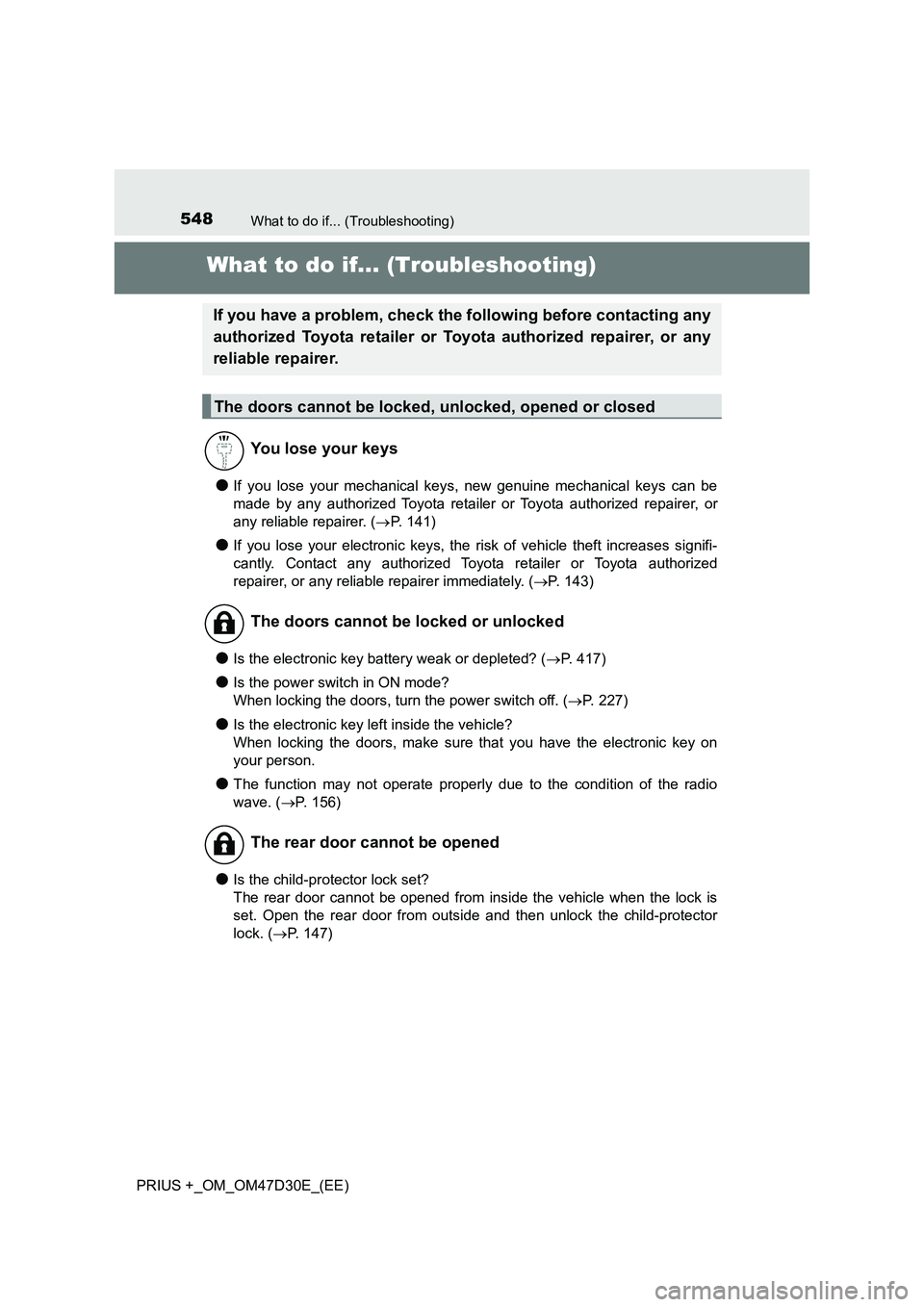 TOYOTA PRIUS PLUS 2019  Owners Manual 548What to do if... (Troubleshooting)
PRIUS +_OM_OM47D30E_(EE)
What to do if... (Troubleshooting)
●If you lose your mechanical keys, new genuine mechanical keys can be
made by any authorized Toyota 