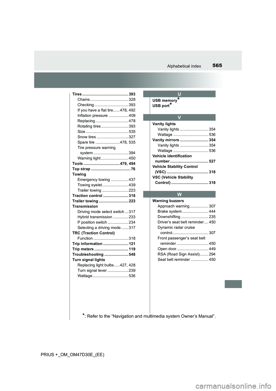 TOYOTA PRIUS PLUS 2019  Owners Manual 565Alphabetical index
PRIUS +_OM_OM47D30E_(EE)
Tires .......................................... 393
Chains ................................... 328
Checking ............................... 393
If you h
